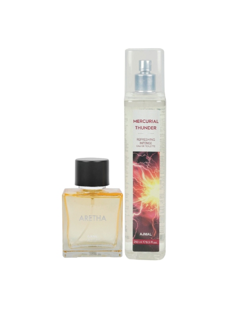 

Ajmal Set of Women Aretha EDP & Unisex Mercurial Thunder EDT, Yellow