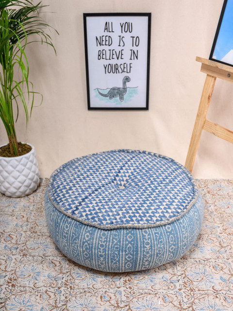 

Tistabene Blue & Off-White Woven-Design Round Floor Cushion