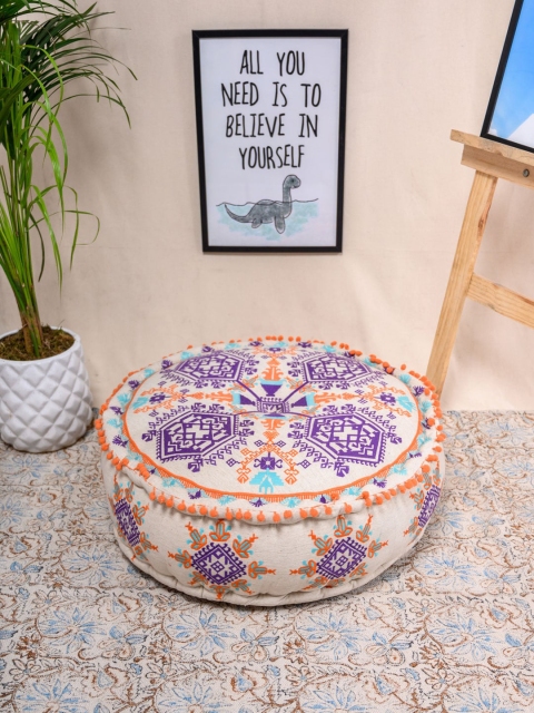

Tistabene Beige & Purple Oasis Royale Craft Embroidered Round Floor Cushion