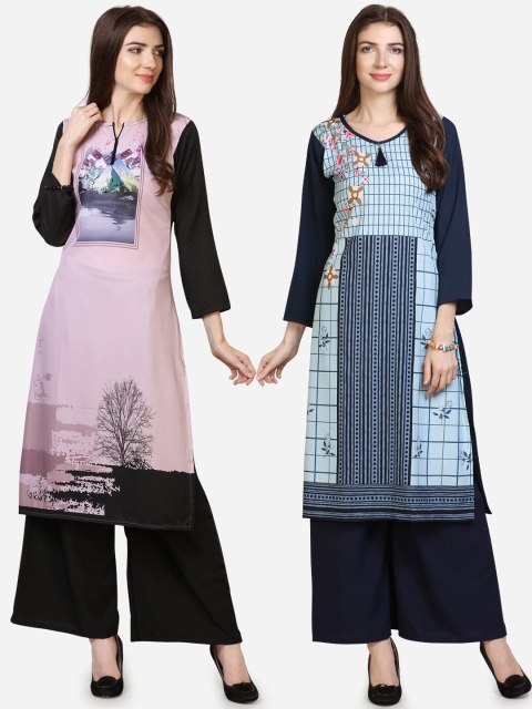 

Silk Bazar Women Pack Of 2 Pink & Blue Printed Kurta with Palazzos