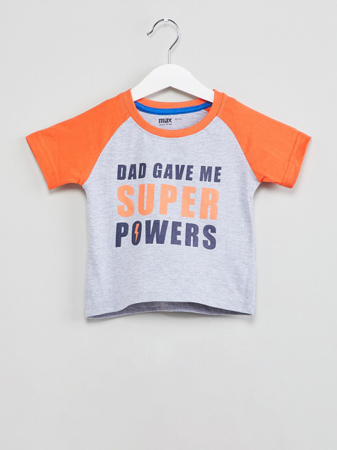 

max Boys Grey Melange & Orange Printed Round Neck T-shirt