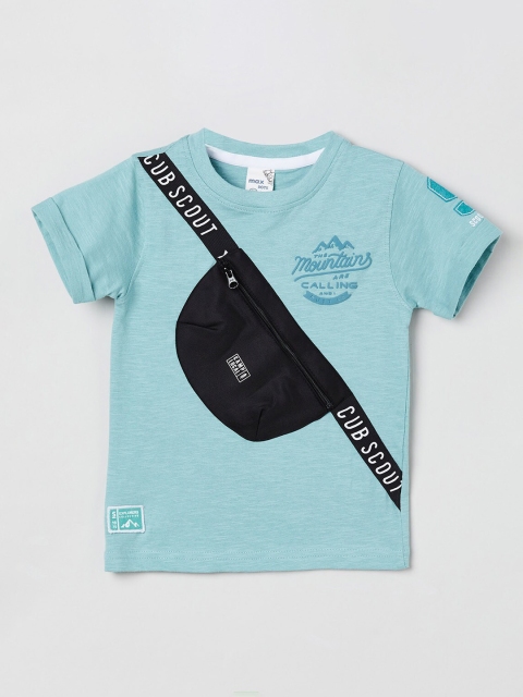 

max Boys Turquoise Blue Printed Round Neck T-shirt with Pouch