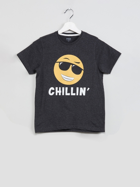 max Boys Grey Melange Printed Round Neck T-shirt