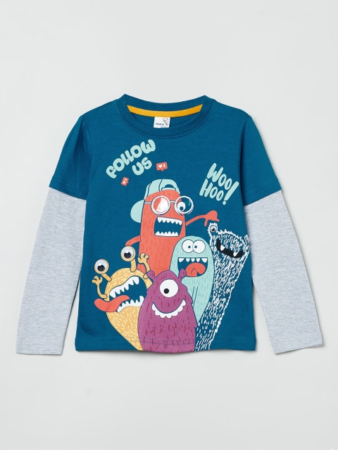

max Boys Blue & Orange Printed Round Neck T-shirt