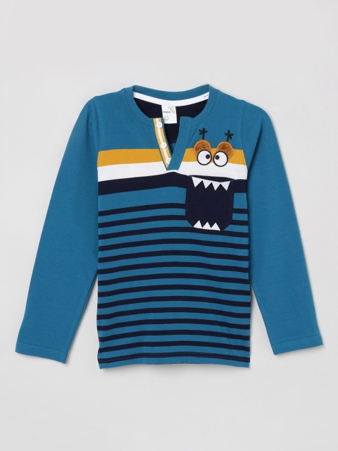 

max Boys Teal Green Striped Henley Neck T-shirt