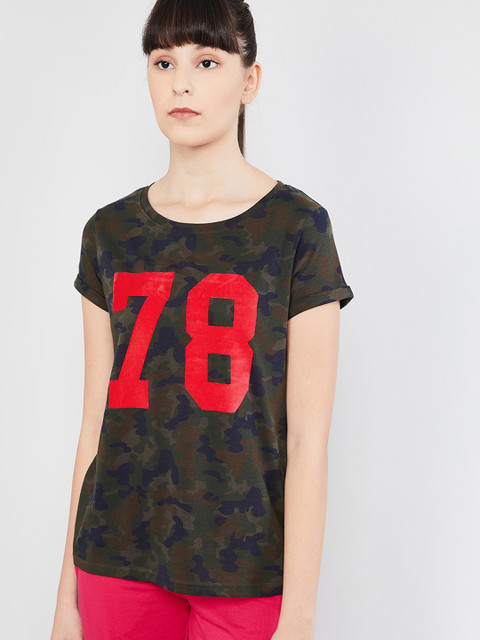 

max Women Olive Green Printed Round Neck T-shirt