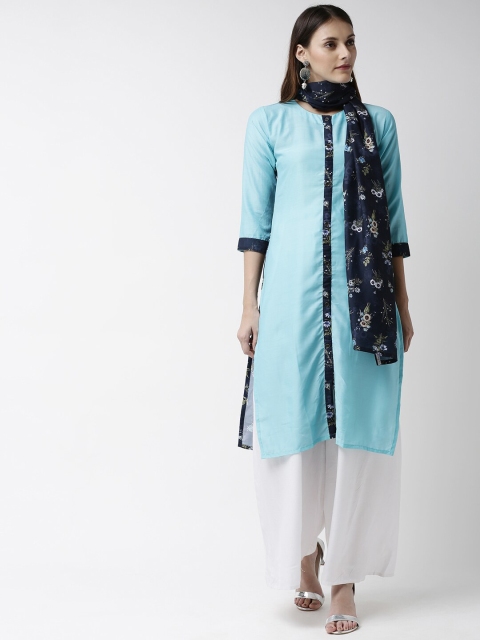 

Soch Women Blue Printed Back Straight Kurta with Dupatta