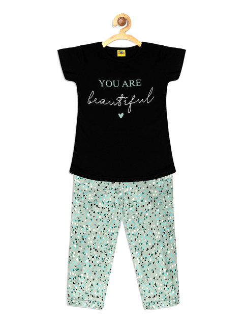 

Punkster Girls Black & Mint Green Printed Night suit