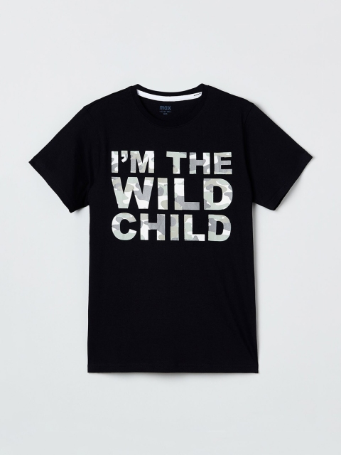 

max Boys Black Printed Round Neck T-shirt