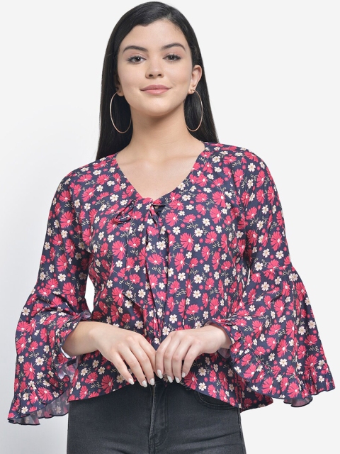 

Texco Women Navy Blue & Pink Floral Printed Tie-Up Shrug