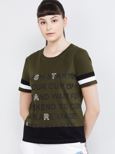 

max Women Olive Green & Black Printed Round Neck T-shirt