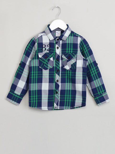 

max Boys Navy Blue & Green Regular Fit Checked Hooded Casual Shirt