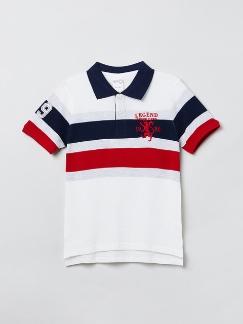 

max Boys White & Navy Blue Striped Polo Collar T-shirt