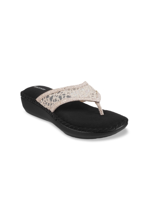

WALKWAY Women Muted Gold-Toned Woven Design Comfort Heels
