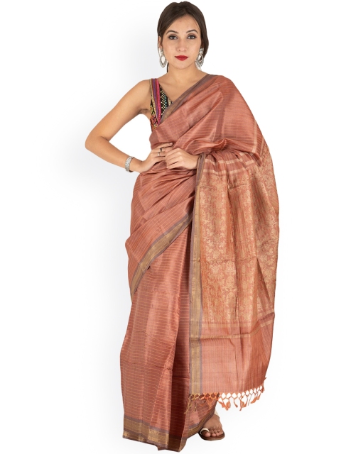 

Tribes India Brown & Gold-Coloured Silk Cotton Woven Design Saree
