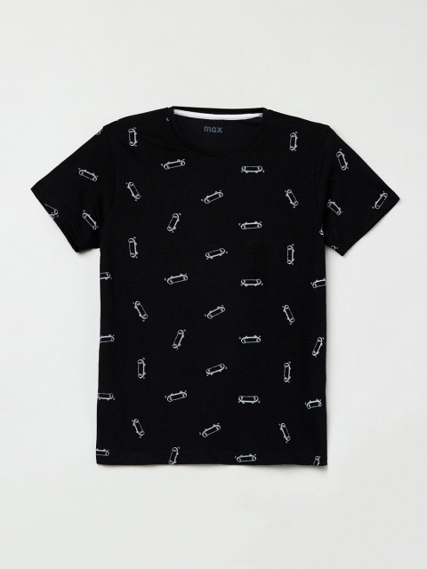 

max Boys Black Printed Round Neck T-shirt