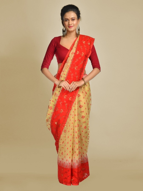 

Mitera Red & Beige Silk Cotton Woven Design Jamdani Saree