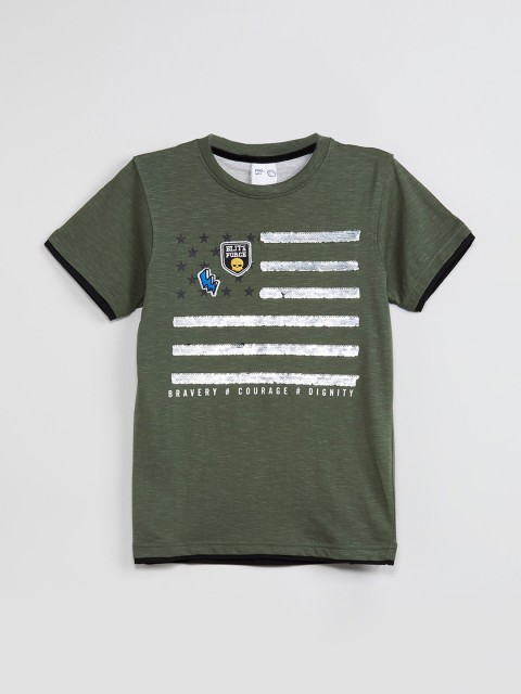 

max Boys Olive Green Printed Round Neck T-shirt