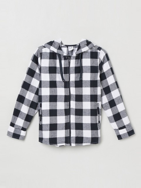 

max Boys Black & White Regular Fit Checked Casual Hooded Shirt