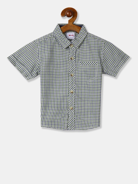 Donuts Boys Green & Navy Blue Regular Fit Checked Casual Shirt