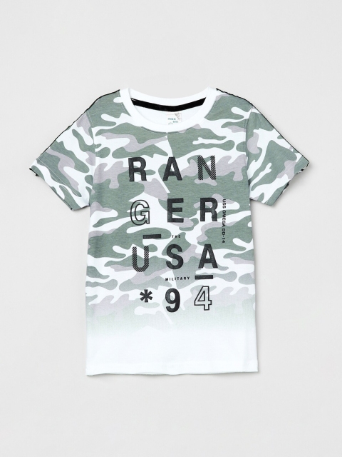 

max Boys White & Green Camouflage Printed Round Neck T-shirt