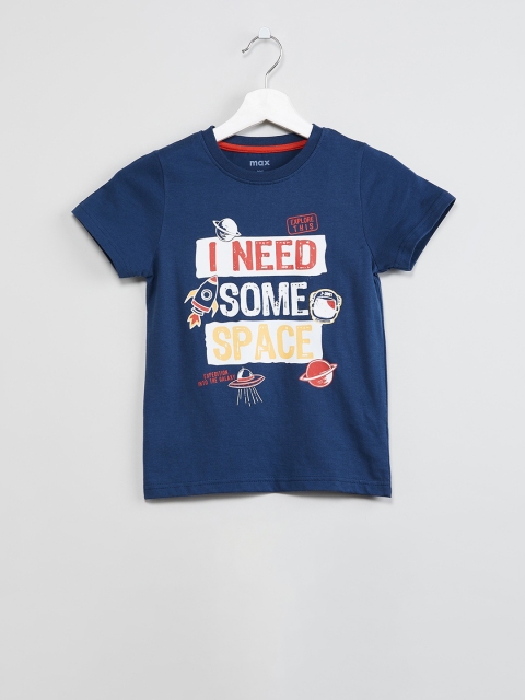 

max Boys Navy Blue & White Printed Round Neck T-shirt