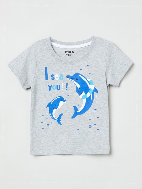 max Boys Grey Melange Printed Round Neck T-shirt
