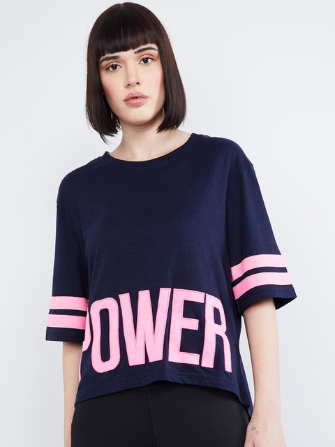 

max Women Navy Blue & Pink Printed Round Neck T-shirt