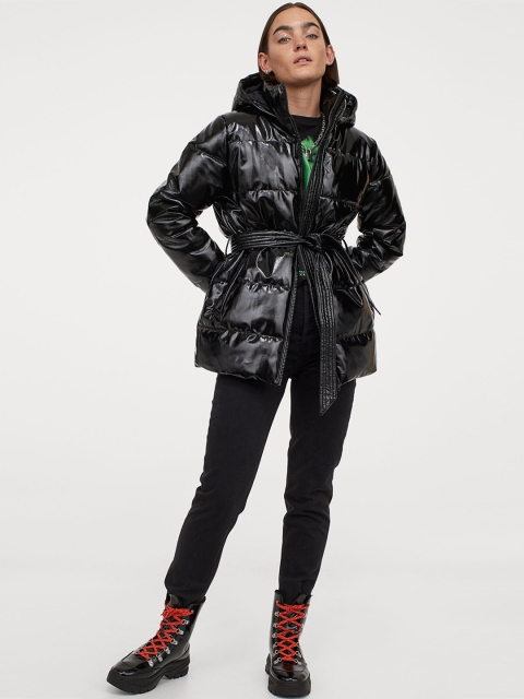 

H&M Women Black Patent Belted Puffer Jacket
