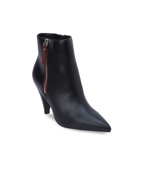 

CHARLES & KEITH Women Black Solid Synthetic Leather Mid-Top Heeled Boots