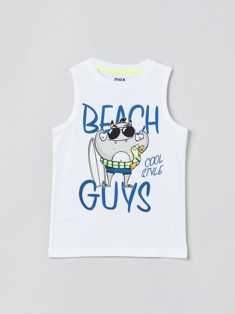 

max Boys White & Blue Printed Round Neck T-shirt