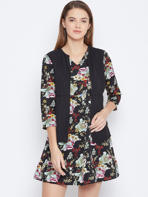 

DODO & MOA Women Black & Green Floral Printed Empire Dress
