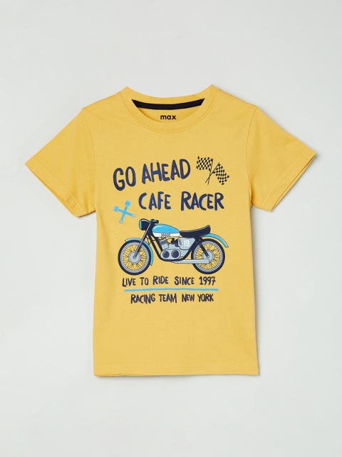 

max Boys Yellow & Navy Blue Printed Round Neck T-shirt
