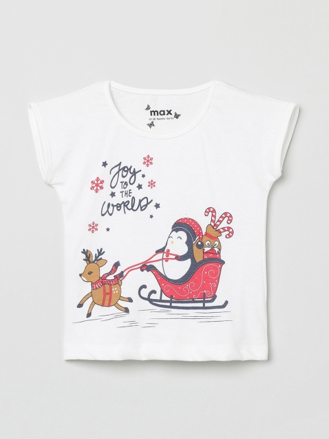 

max Girls White Printed Round Neck T-shirt