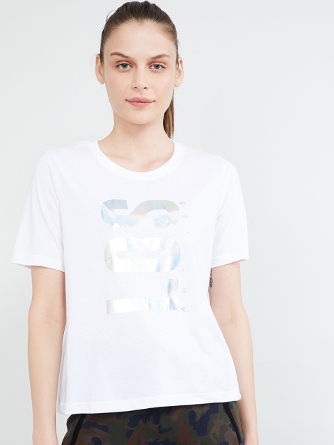 

max Women White Printed Round Neck T-shirt