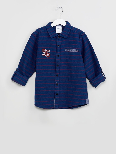 

max Boys Navy Blue & Red Regular Fit Striped Casual Shirt
