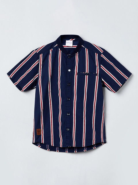 

max Boys Navy Blue Regular Fit Striped Casual Shirt