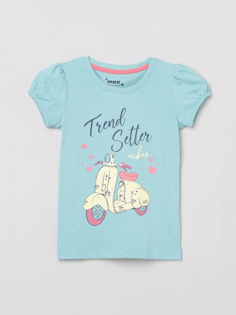 

max Girls Blue Printed Round Neck T-shirt