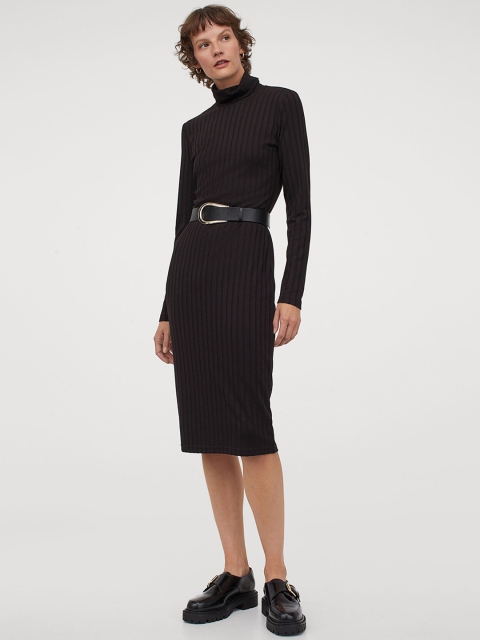 

H&M Women Black Ribbed Polo-Neck Dress