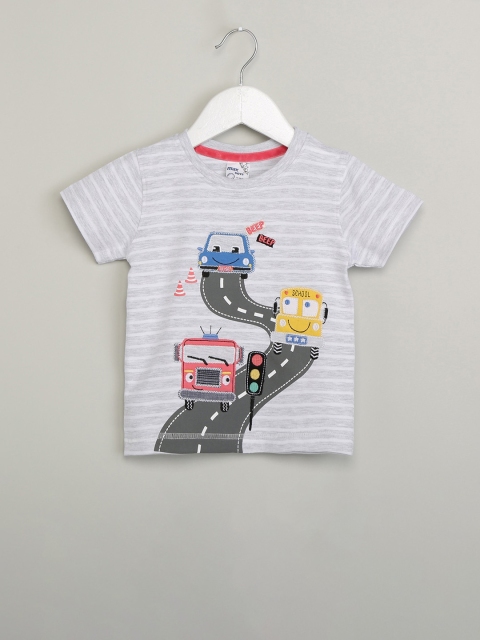 

max Boys Grey Melange & White Striped Round Neck T-shirt