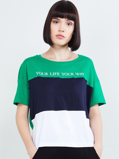 

max Women Green & Navy Blue Colourblocked Round Neck T-shirt