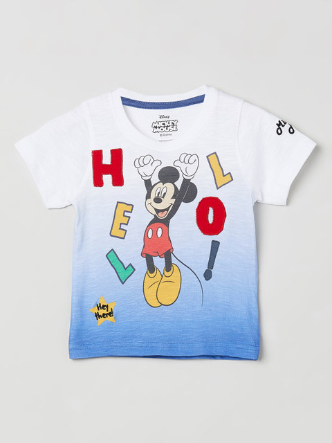 

max Boys White & Blue Mickey Mouse Printed Round Neck T-shirt
