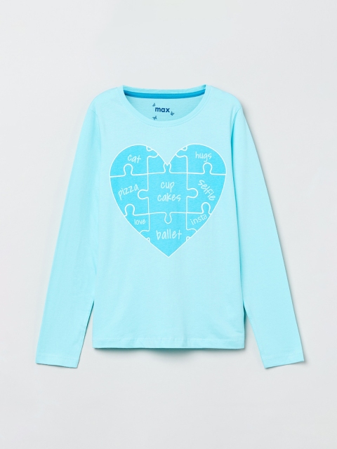 

max Girls Blue Printed Round Neck T-shirt