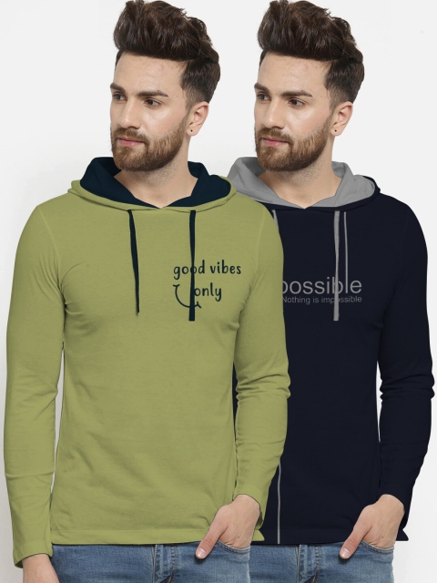 

BULLMER Men Pack Of 2 Printed Hood Pure Cotton T-shirts, Navy blue
