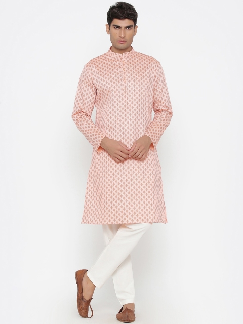 

Tistabene Men Peach & White Block Print Kurta with Pyjamas Set