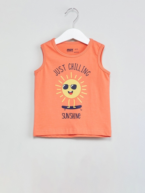 

max Boys Coral Orange Printed Round Neck T-shirt
