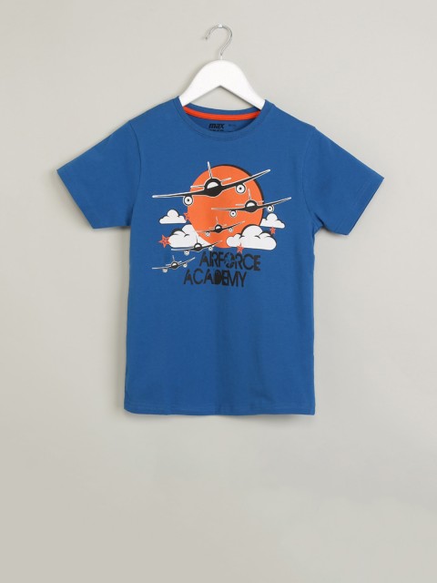 

max Boys Blue Printed Round Neck T-shirt