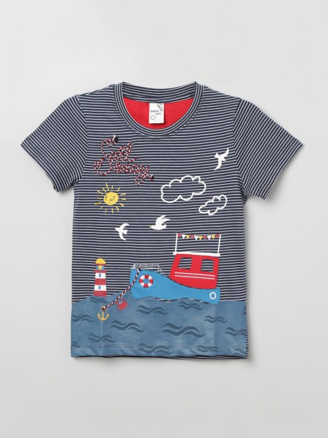 

max Boys Navy Blue Striped Round Neck T-shirt