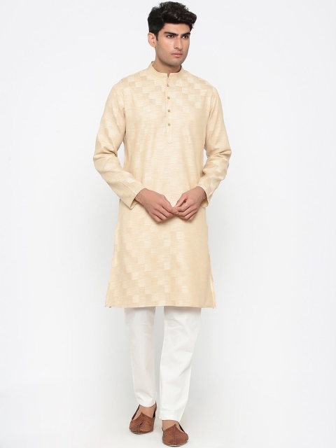 Tistabene Men Cream & White Self Design Kurta with Pyjamas Set