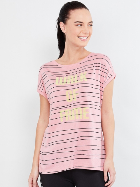 max Women Rose Pink & Black Striped Extended Sleeves T-shirt